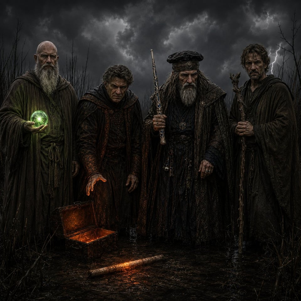 Four robed wizards gathered around a glowing chest in a dark forest