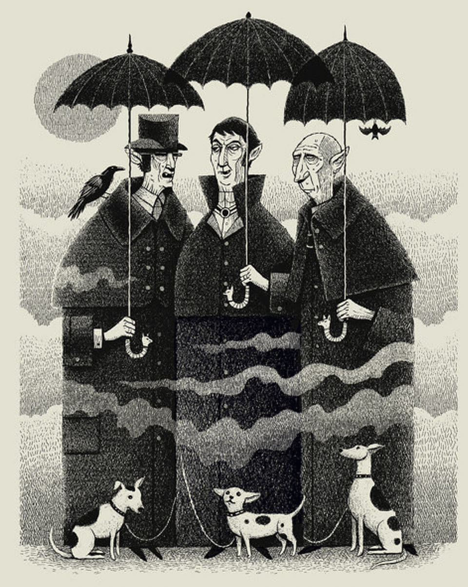 A black and white stippled illustration of three vampires in heavy coats holding umbrellas and walking dogs