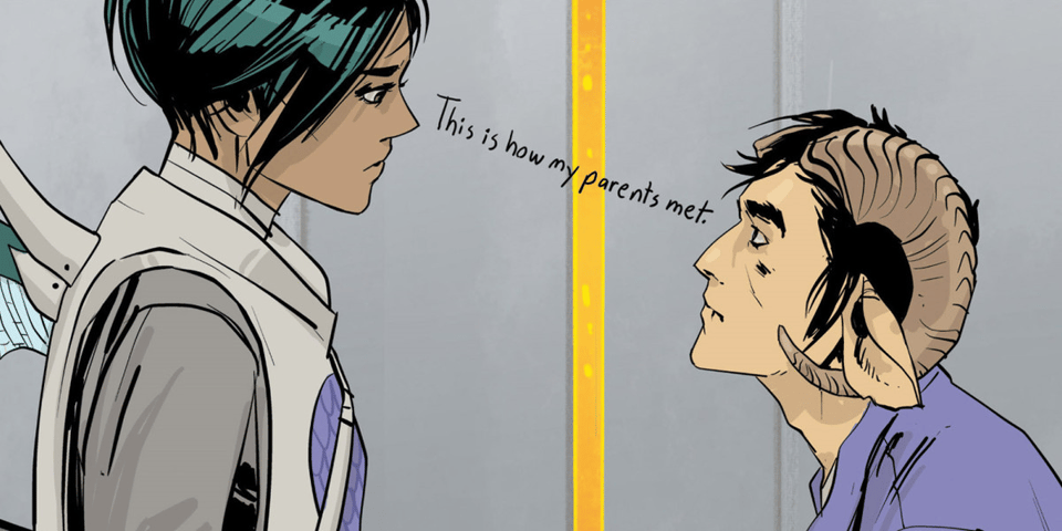 Two people look at each other with the caption “This is how my parents met.”