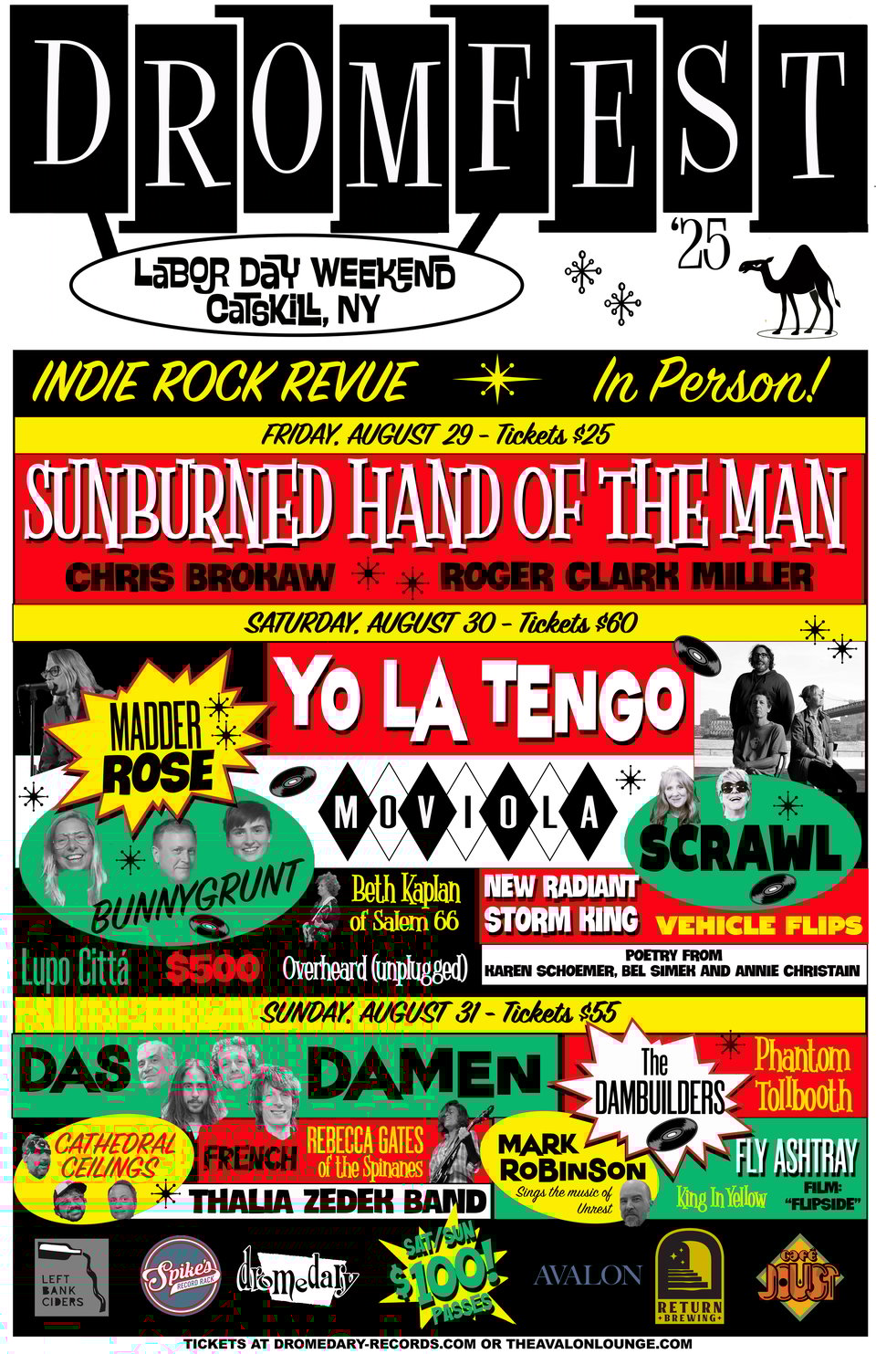 the DromFest 2025 lineup. Featuring Overheard (unplugged), King in Yellow, poetry by Bel Simek, the band Yo La Tengo, and more. The flyer is in the style of a 50's magazine ad, possibly for cigarettes.
