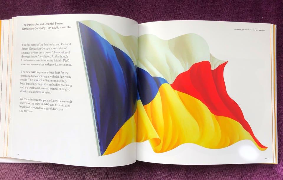 Photograph of a spread from the book Leap Before You Look by Michael Wolff. It's a brief case study of the design work for P&O, showing the painted flag that became their logo.