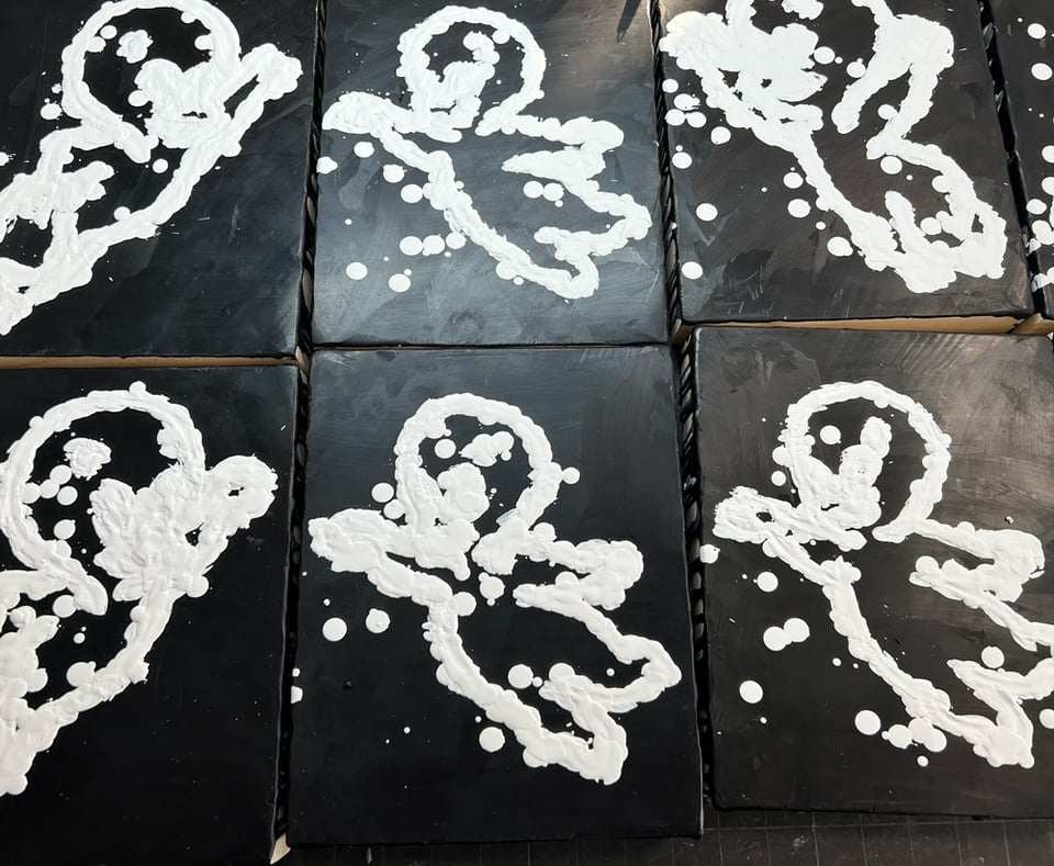 Six paintings of ghost children in progess.