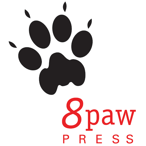 8 Paw press logo with red text and a black paw print