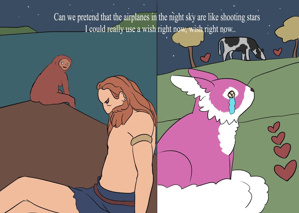 Judero and Mab, drawn in their own box, in separate environments. Mab cries, Judero looks sad and pensive. The top of the image reads "Can we pretend that the airplanes in the night sky are like shootings stars, I could really use a wish right now, wish right now."