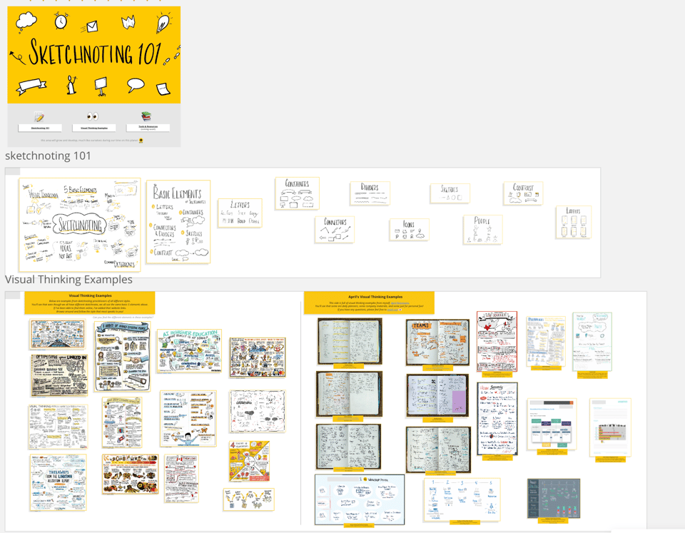 A screenshot of a miro board with lots of sketchnoting examples. 