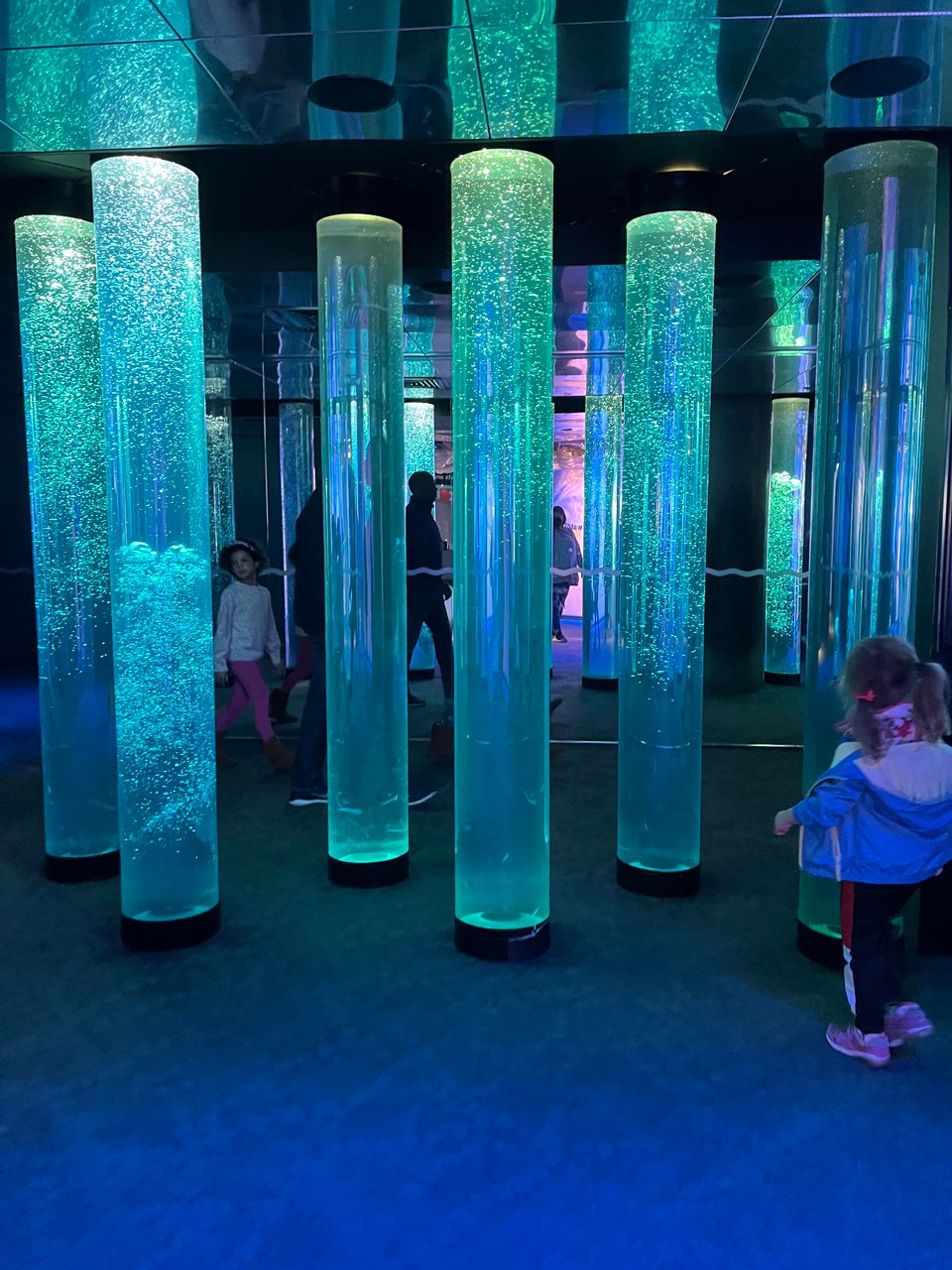 A group of tubes with bubbles in a room with a blue glow. There are children near the tubes.