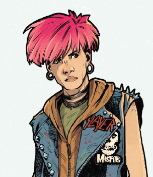 A pink haired punk girl with a denim jacket, various band patches and studs, she is attitude personified