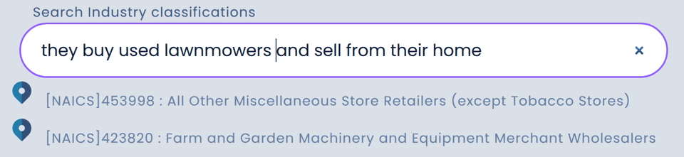 search results from 'they buy used lawnmowers and sell them from their home' showing 453998, misc store retailers