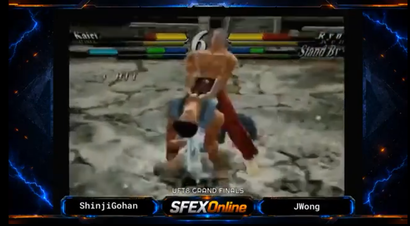Screenshot of the match between Justin Wong vs ShinjiGohan in Street Fighter EX3 at UFGT8