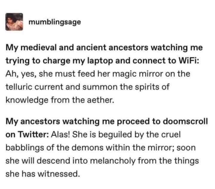 mumblingsage at tumblr: My medieval and ancient ancestors watching me trying to charge my laptop and connect to WiFi: Ah, yes, she must feed her magic mirror on the telluric current and summon the spirits of knowledge from the aether. // My ancestors watching me proceed to doomscroll on Twitter: Alas! She is beguiled by the cruel babblings of the demons within the mirror; soon she will descent into melancholy from the things she has witnessed.