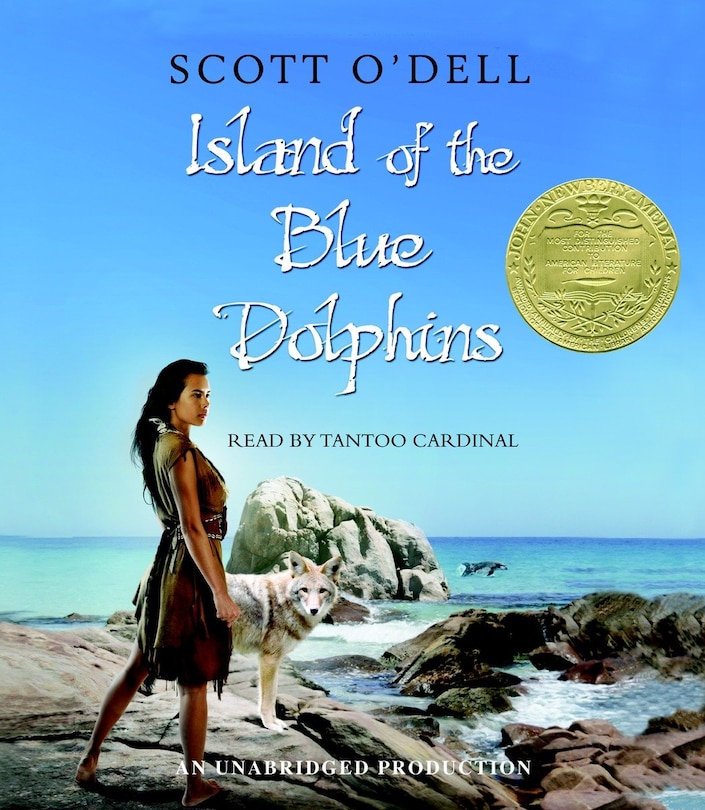 Island of the Blue Dolphins book cover; girl on rocky beach with a wolf