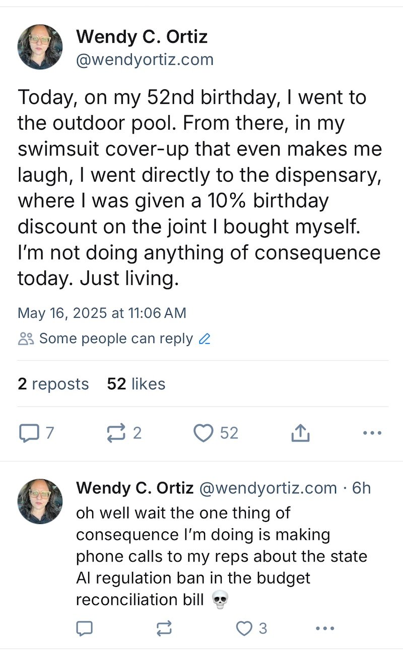 Two threaded posts on Bluesky from the account of Wendy C. Ortiz.