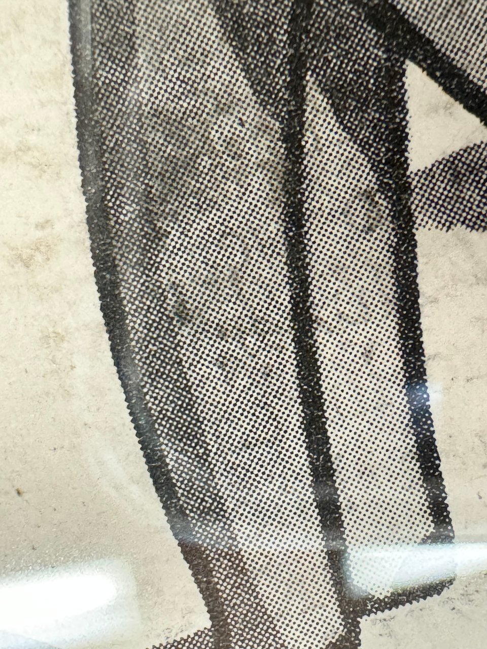 Chon Day reprodution showing enlarged portion of cartoon highlighting halftone dots of a man's legs leaning over an open street utility hole