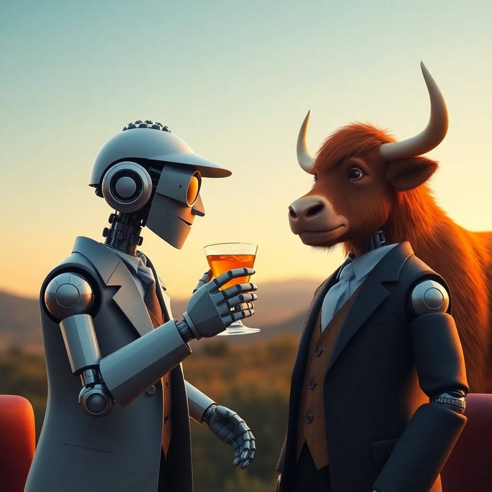 a sherlock holmes robot toasts dr watson robot with a cocktail, while a yak looks on. Unfortunetely the image generator forgot Dr Watsons head