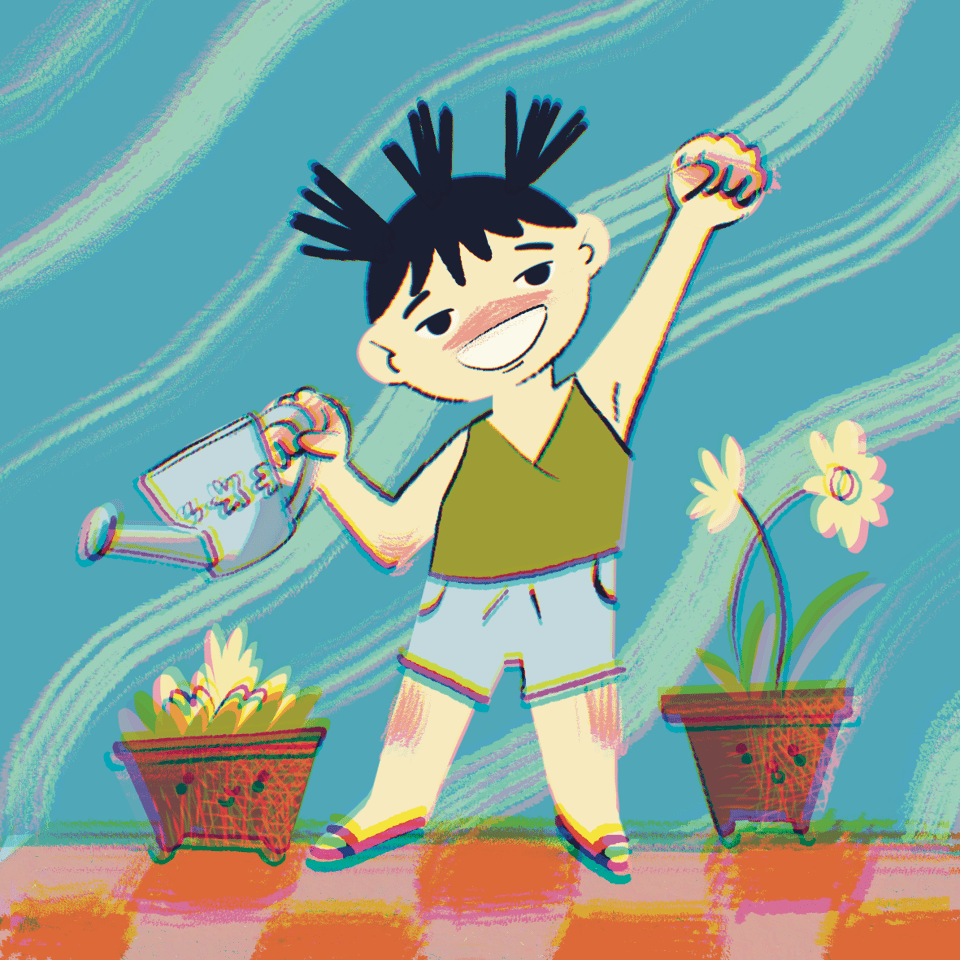 An illustration of a girl watering potted plants