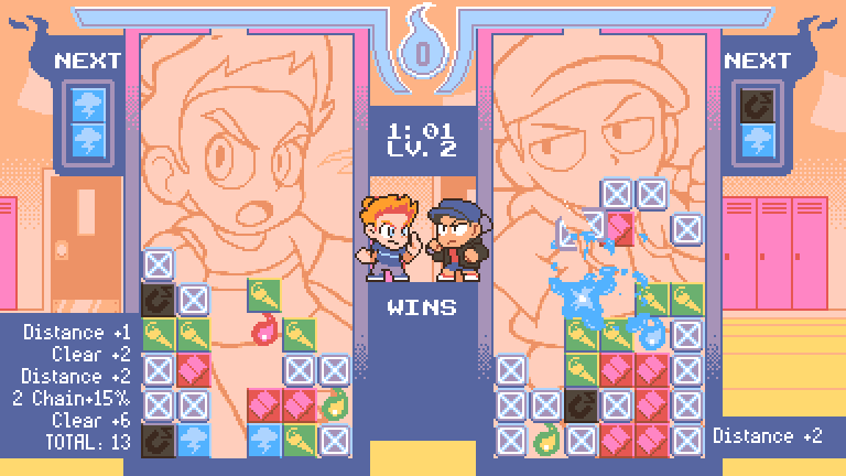 Paranatural: Spirit Stackers. Two characters fight with falling blocks
