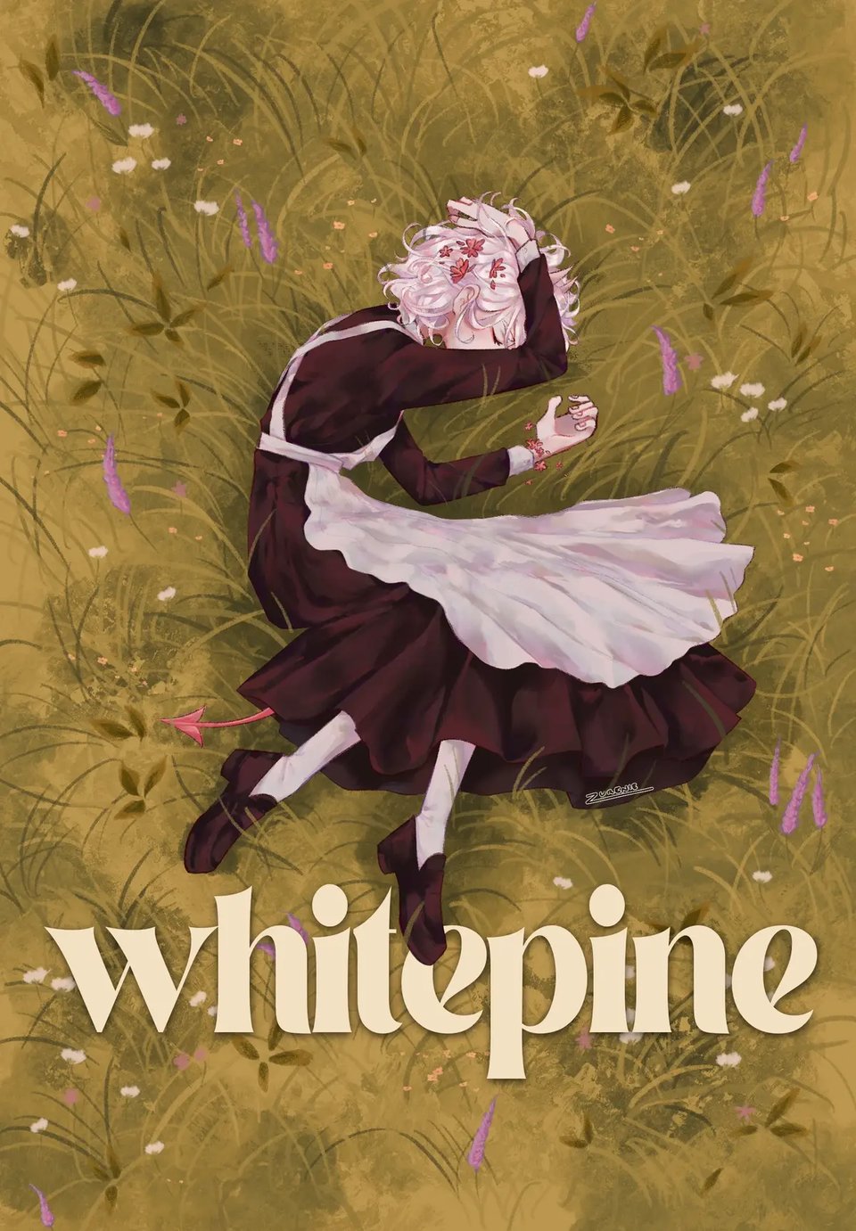 Promotional image for "whitepine." Ivory, the main character, is seen laying in a ield of grass on her side, with red flowers in her white hair and wearing a maid dress.