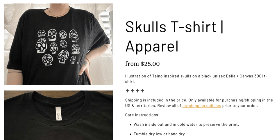 Screenshot of the Skulls t-shirt from the website with a photo, description, and care instructions.