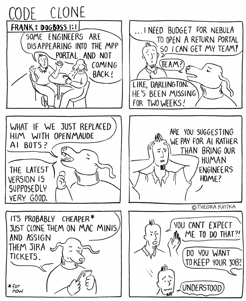 Six panel comic of Frank and Dogboss' 1:1 meeting