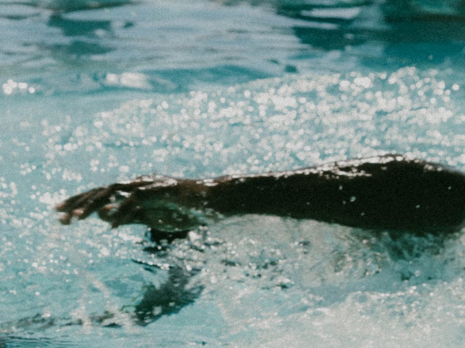 A close shot of one arm emerging from pool water in a freestyle stroke.