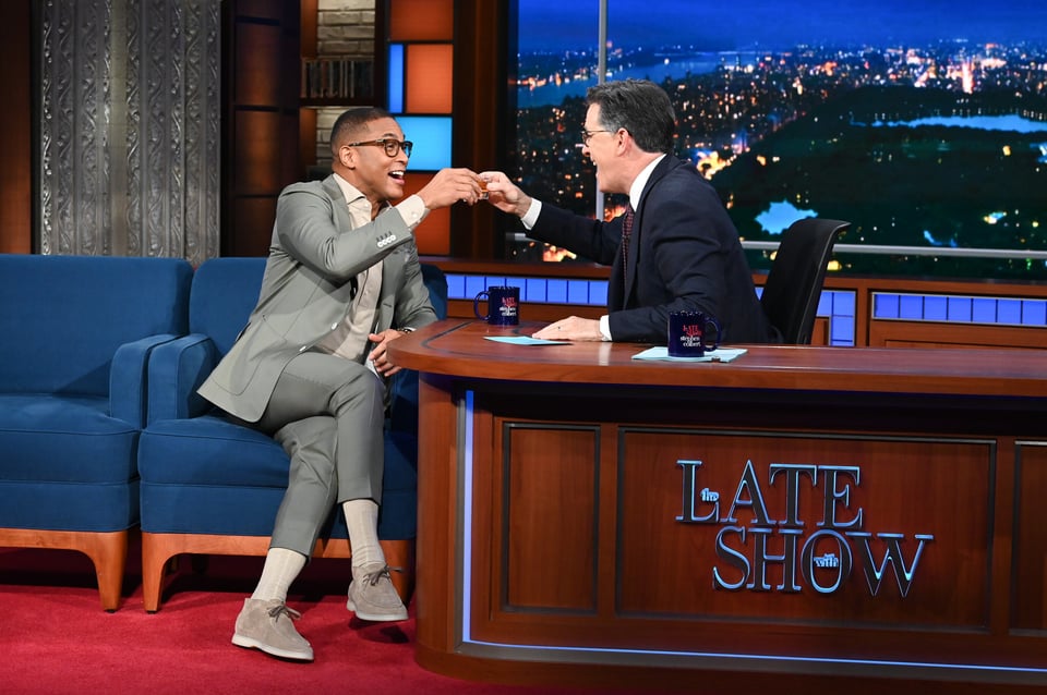 L-R: Guest Don Lemon and Stephen Colbert during Monday’s November 28, 2022 episode of The Late Show with Stephen Colbert.