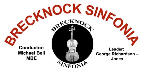 Logo of a violin with text Brecknock Sinfonia, Conductor: Michael Bell, Leader: George Richardson-Jones