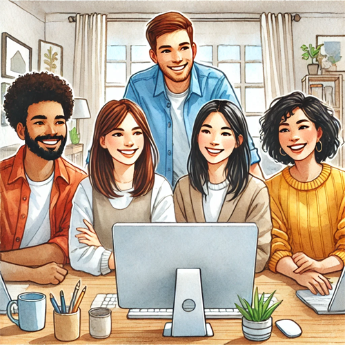 Illustration with Happy people in front of a computer