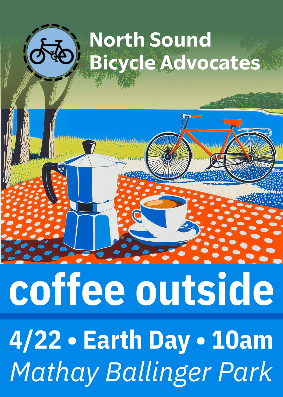 A flyer for Coffee Outside at 10am on 4/22 at Mathay Ballinger Park