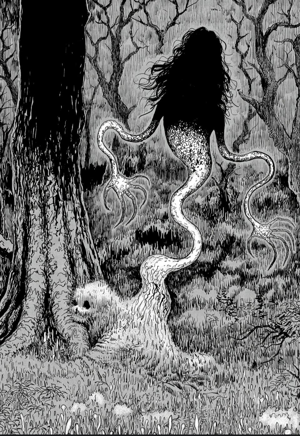The silhouette of a wispy, ghostly Tomie growing from a body in the woods like a parasitic growth