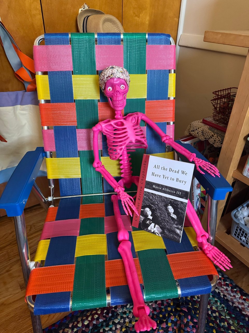 A bright pink plastic skeleton (Skelly) with a crocheted beanie is sitting in a very relaxed position in rainbow outdoor folding chair, indoors. Skelly is holding a copy of All the Dead We Have Yet to Bury by Mario Aliberto III. 