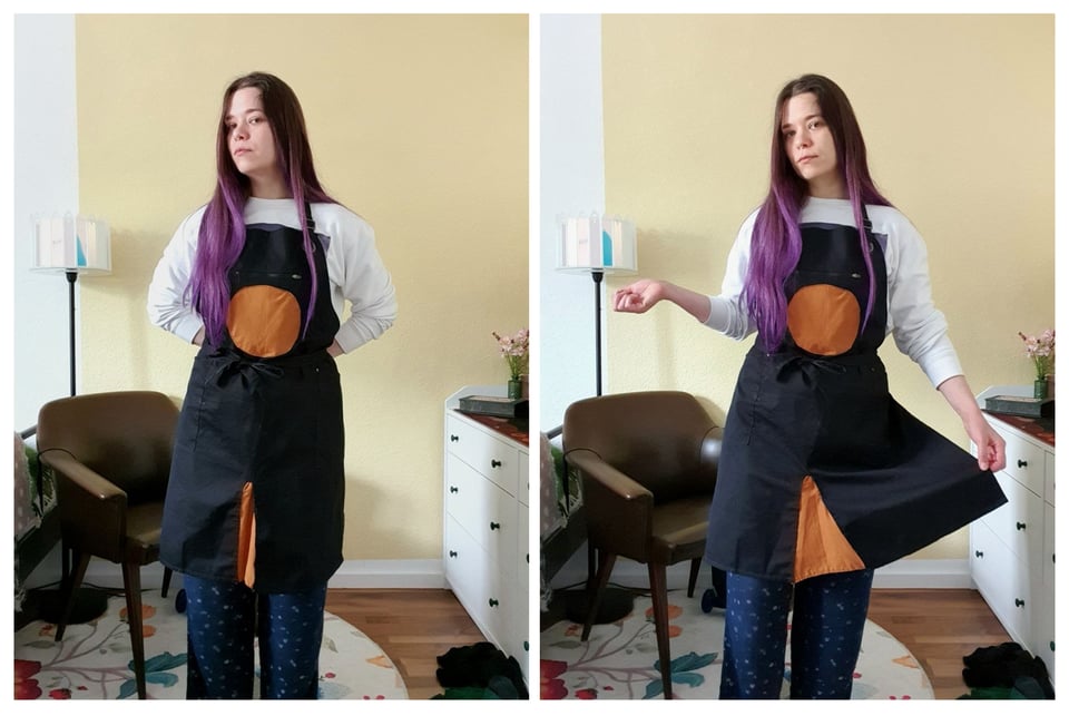 A collage of 2 photos of me wearing the finished apron: in one, I'm standing straight, with the V-shaped orange fabric folding itself in and almost completely hidden. In the next, I'm lifting a corner up, revealing the apron to be much wider than it seemed.