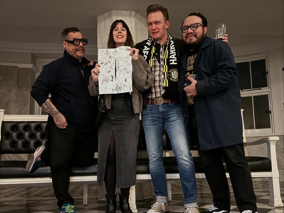 J Gonzo, Rachel Merrill, Tyler Button, and Henry Barajas in the iconic Majestic Men's Bathroom in Harrogate UK