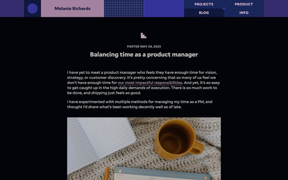 A blog post with the title “Balancing time as a product manager”