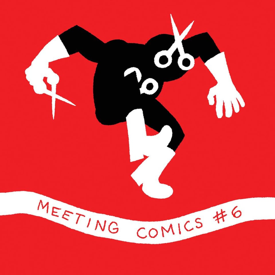 The cover to Meeting Comics #6,featuring the Ribbon Cutter leaping and about to cut a ribbon.