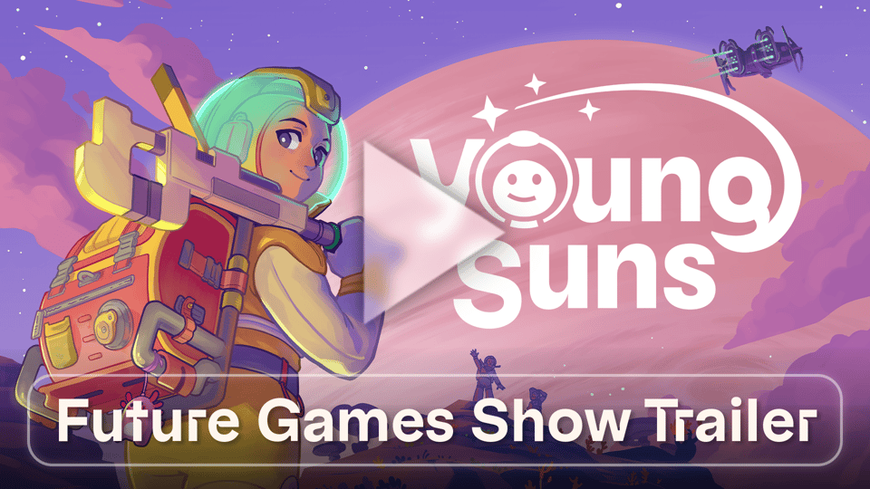 Thumbnail for the trailer featured in this year's Future Games Show. A lightskinned person in a brightly colored spacesuit looking over their shoulder at the camera. They're holding a large wrench on their shoulder. In the background is Jupiter, two people standing on a rock cliff and waving to the person in the foreground, and a ship flying off into the distance.