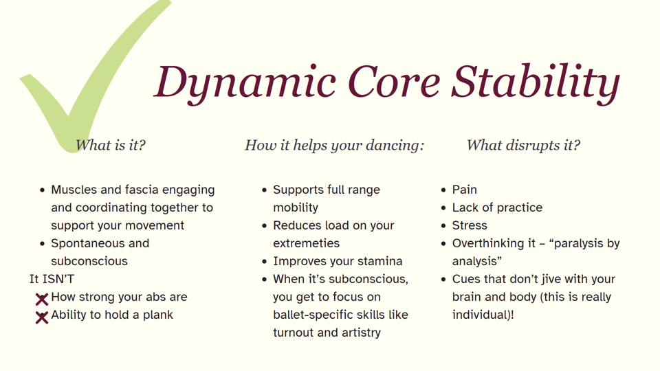 A slide reads "Dynamic Core Stability. What is it? Muscles and fascia engaging  and coordinating together to support your movement Spontaneous and subconscious It ISN’T How strong your abs are Ability to hold a plank; How it helps your dancing: Supports full range mobility Reduces load on your extremeties Improves your stamina When it’s subconscious, you get to focus on ballet-specific skills like turnout and artistry; What disrupts it? Pain Lack of practice Stress Overthinking it – “paralysis by analysis” Cues that don’t jive with your brain and body (this is really individual)!"