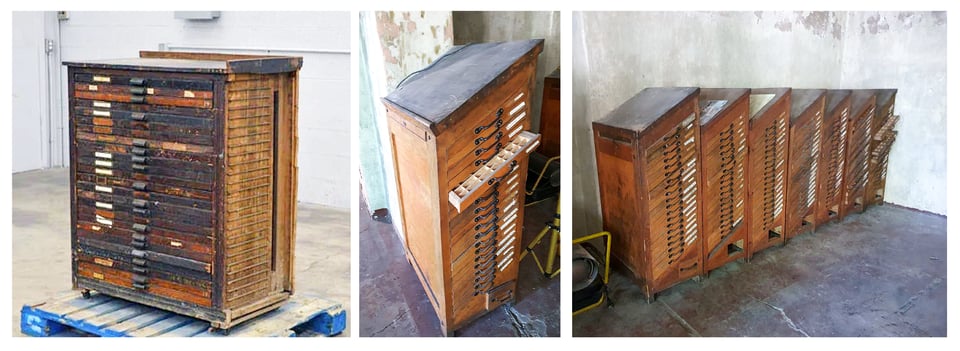 Collage of 3 photos: a vintage letterpress cabinet with narrow horizontal drawers; a similar cabinet where the drawers are diagonal, leaving a slanted workspace on top of the cabinet; a row of such slanted cabinets.