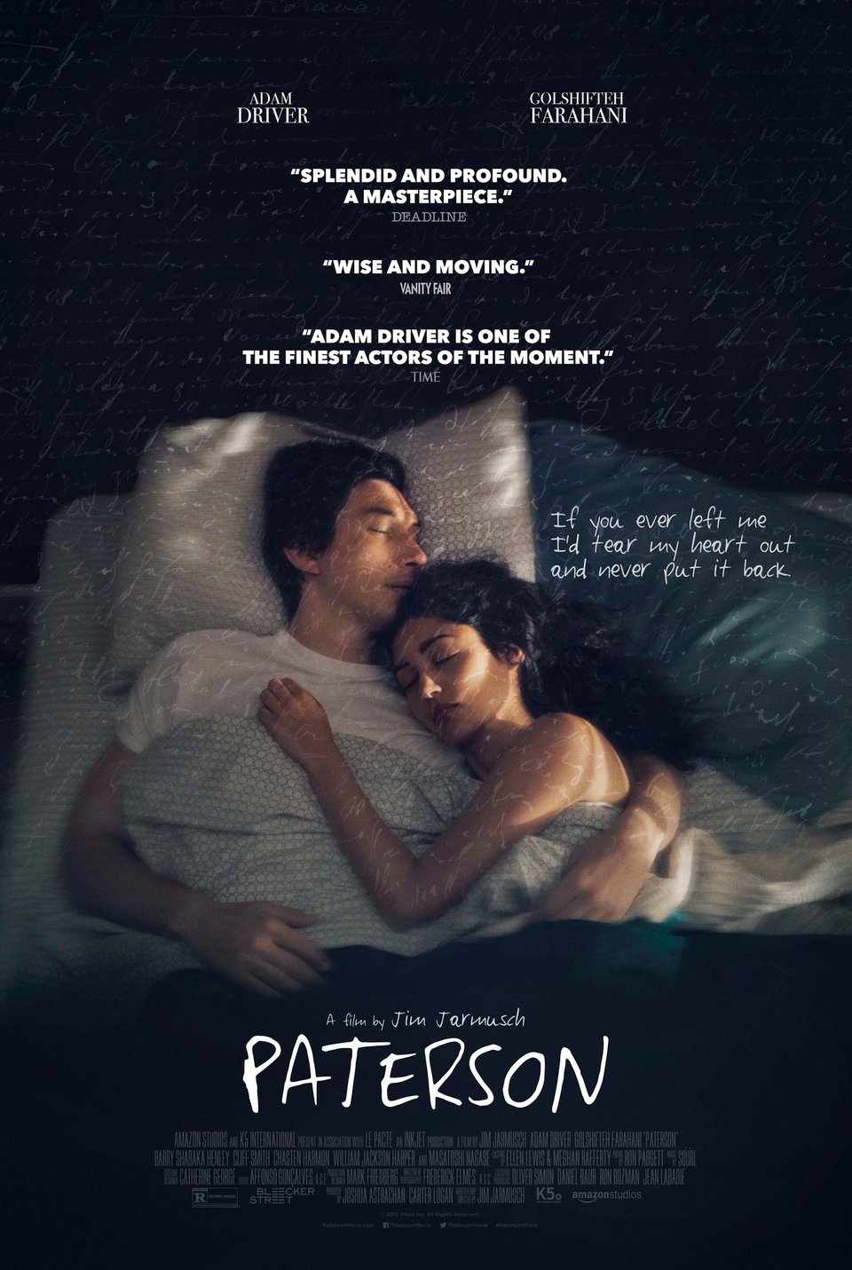 a poster for the film Paterson, featuring a young man and woman embracing in a bed