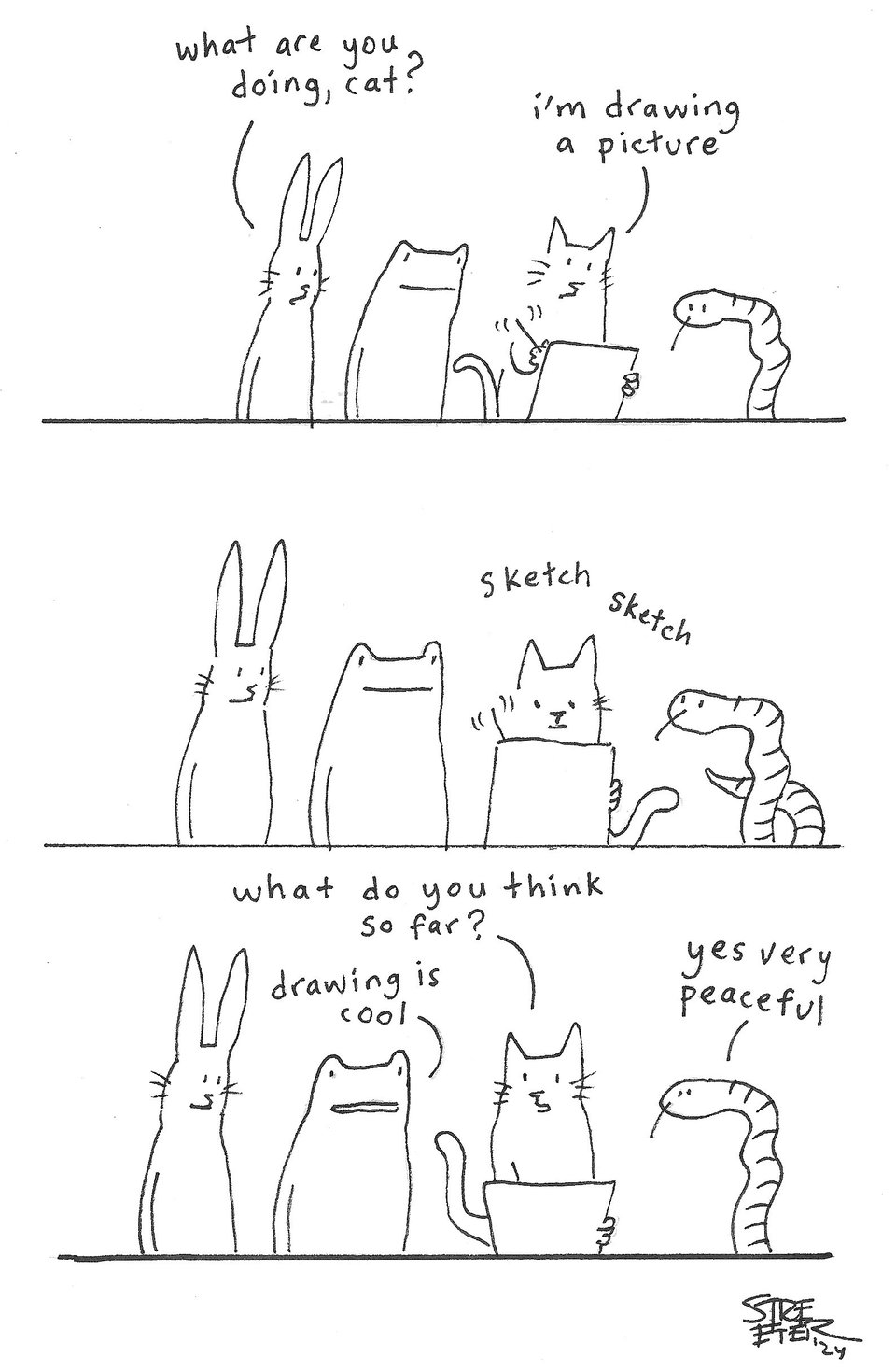 Bunny Frog Cat Snake comic in which Cat draws a picture