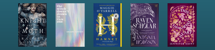 Book covers for the first five of the books listed below, set against a teal gradiant background.