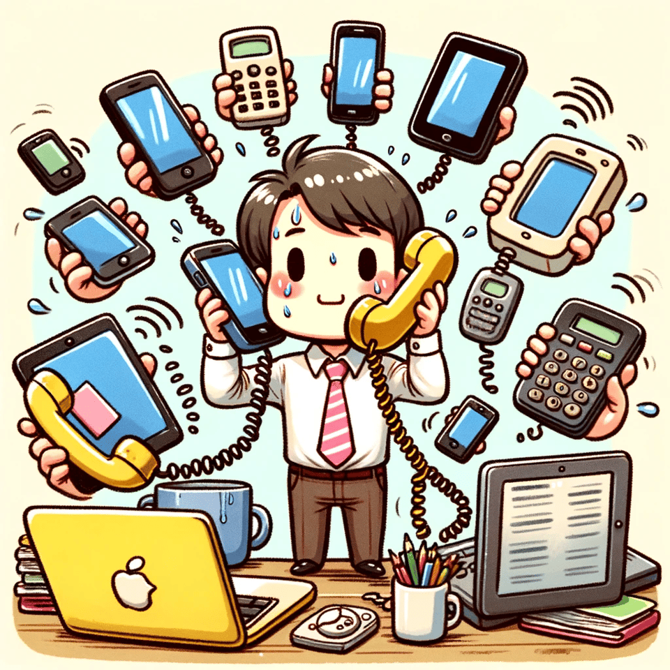 a businessperson who's sweating with a lot of phones and smart devices