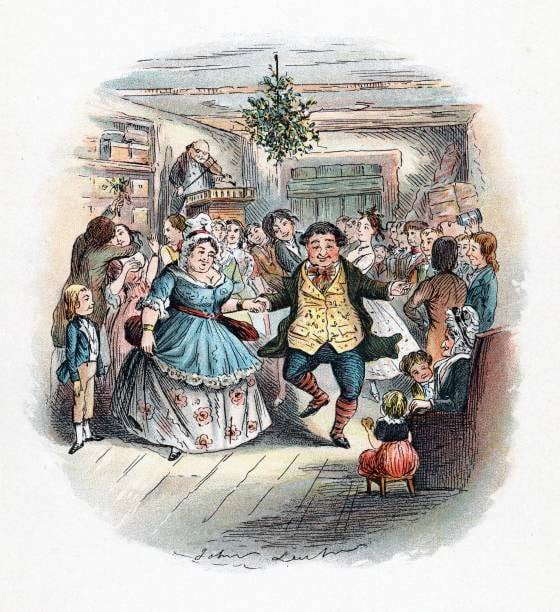 An illustration from Dickens' A Christmas Carol that shows a portly couple (I'm pretty sure it's the Fezziwigs) dancing at a well attended party to the strains of a fiddler on a raised platform, with everything presided over by a very large sprig of mistletoe in the middle of the ceiling.