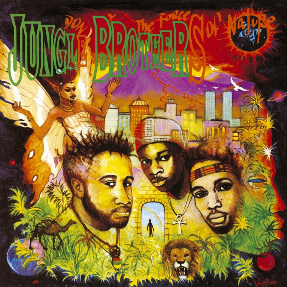 A colorful drawing of the heads of three young Black men, surrounded by images of the jungle along the bottom (grass, trees, a camel, a lion) and a city skyline above them. Beyond the sklyine is a big purple volcano, erupting. Also above them is a Black fairy-like creature with butterfly wings. Around the edges of the picture are planets.