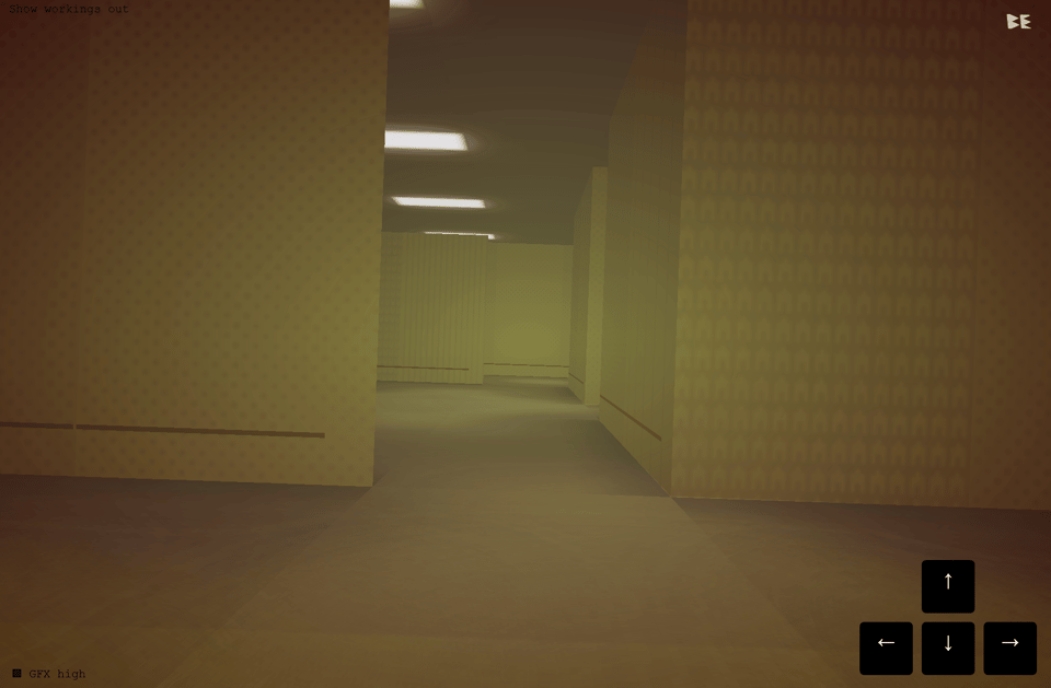 A screenshot of a computer game that shows "The Backrooms" -- i.e. a series of connected rooms all decorated in drab depressing-looking dark-yellow wallpaper, and illuminated by bland corporate phosphorescent lighting from above. It manages to look simultaneously creepy and stultifying. In the bottom corner of the screen are four directional arrows, indicating how you would control the video game