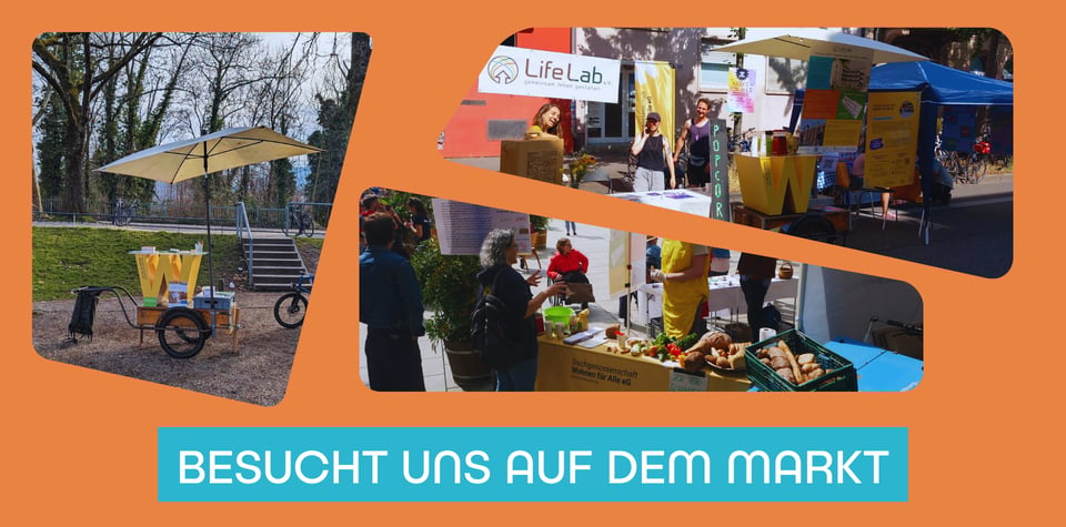 Fotos von verschiedenen LifeLab Markständen mit dem Titel: Besucht uns auf dem Markt.