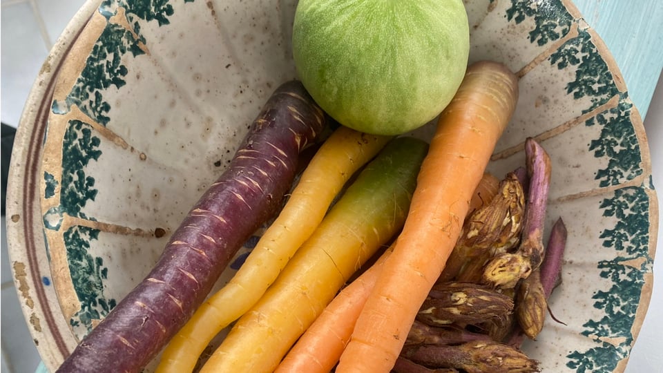 A selection of typical Pugliese vegetables, including yellow, orange and violet Polignano carrots