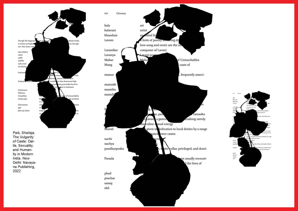 A collage of Shailaja Paik’s glossary in The Vulgarity of Caste: Dalits, Sexuality, and Humanity in Modern India (2022) and black illustrations of a pressed flower overlay framed jointly by a bright red border.