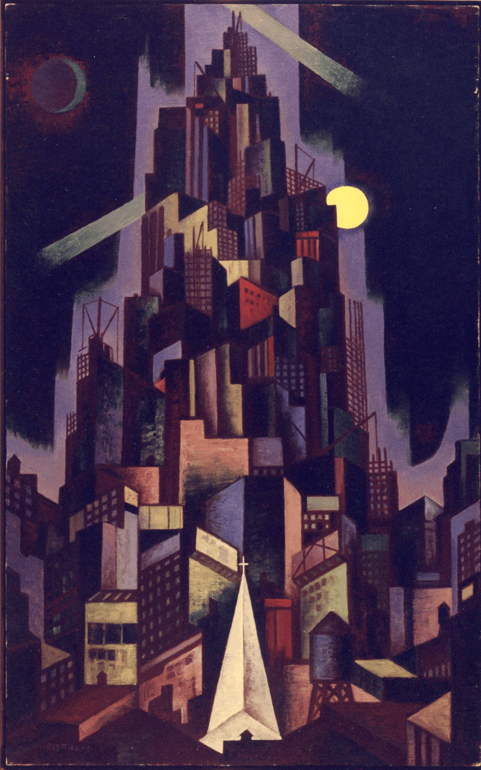 Emil Bisttram’s painting “Metropolis”, from 1929. It is a tall, vertical painting, showing a city composed of skyscrapers clustered on all sides of a mountainous hill. It has a slightly cartoony, comic book feel. The buildings are alternately painted in black, red, and dark purple. It gives off slightly menacing and ominous vibes