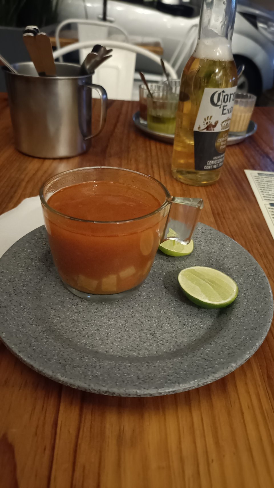 A cup of shrimp soup at Marlindo in CDMX