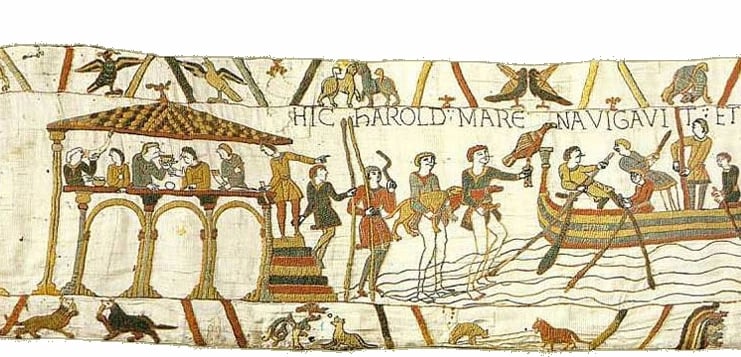 The Latin text says "hic Harold mare navigatet" and it shows men going aboard ship.